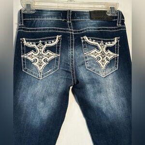 WOMENS SIZE 0 27 X 32 SOUNDGIRL BLUE DENIM DISTRESSED RHINESTONE BLING JEANS